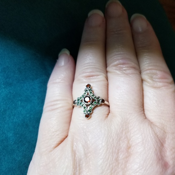 .925 Silver Smoky Topaz & Emerald Filigree Ring 8 - Picture 2 of 7